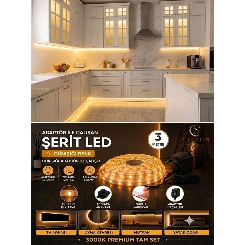 Silorien 3 Metre Günışığı Şerit LED Mutfak Dolabı Tezgah Üstü Adaptörlü Aç Kapa Düğmeli Tak Çalıştır