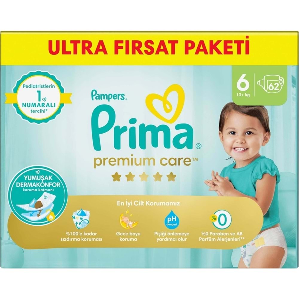 Prima Premium Care Bebek Bezi Beden:6 (13+) Extra Large 62 Adet Ultra Fırsat Pk