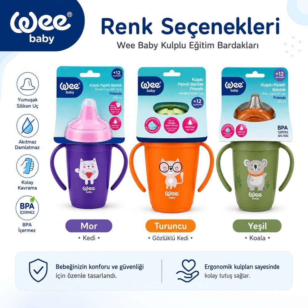 Wee Baby Friends Kulplu Pipetli Bardak 265 ML (Kod:339) Seçenekli