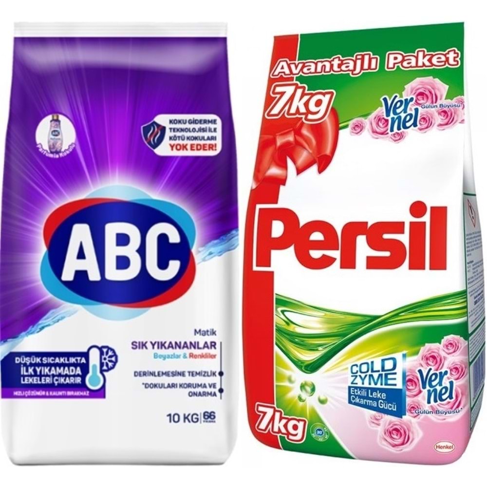 Abc Matik Toz Çamaşır Deterjanı 10KG Sık Yıkananlar Beyazlar/Renkliler (66 Yıkama)+ 7KG Gülün Büyüsü
