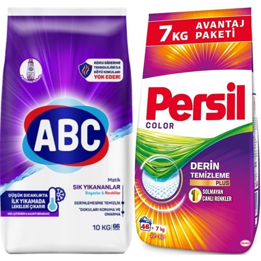Abc Matik Toz Çamaşır Deterjanı 10KG Sık Yıkananlar Beyazlar/Renkliler (66 Yıkama)+ 7KG Color/Renkli