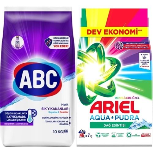 Abc Matik Toz Çamaşır Deterjanı 10KG Sık Yıkananlar Beyazlar/Renkliler (66 Yıkama) + 7KG Renkliler