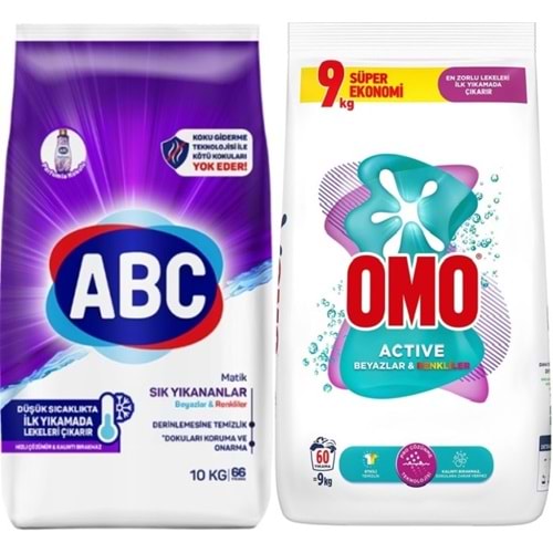 Abc Matik Toz Çamaşır Deterjanı 10KG Sık Yıkananlar Beyazlar/Renkliler (66 Yıkama)+ 9KG Beyaz/Renkli