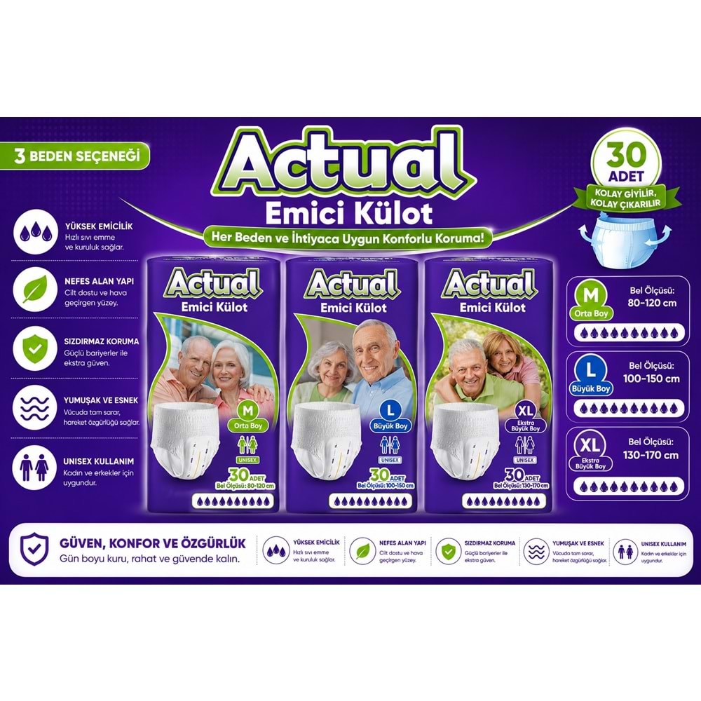 Actual Emici Külot Yetişkin Bezi L - Large - Büyük (Islaklık Göstergeli) 120 Adet