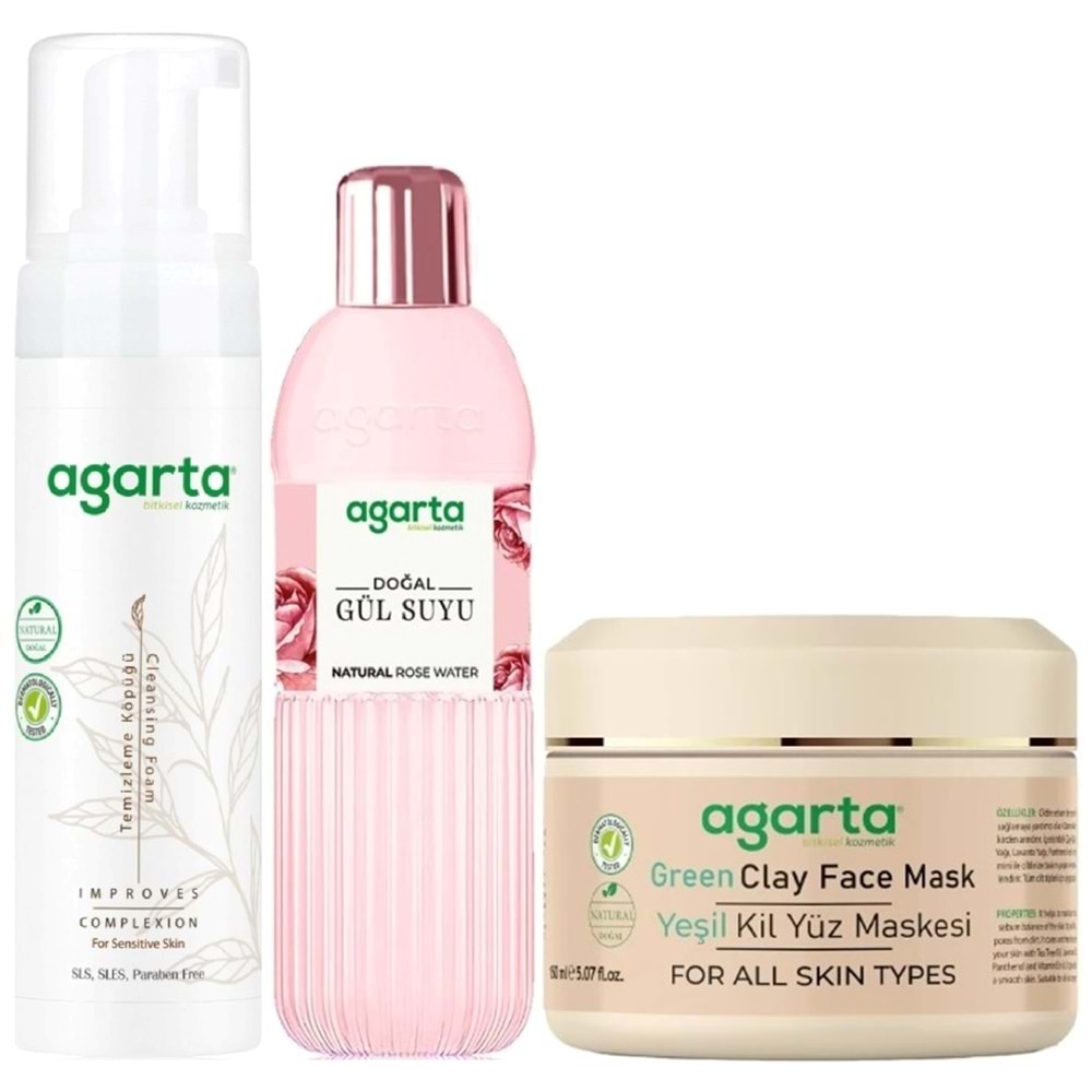 Agarta Doğal Yüz Temizleme Köpüğü - Gül Suyu - Yeşil Kil Yüz Maskesi Karma (3 Lü Set) Bakım Paketi