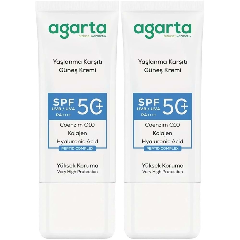 Agarta Yaşlanma Karşıtı Collagen Destekli Spf+50 Faktör Yüz Güneş Kremi 50 ML (2 Li Set)