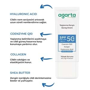 Agarta Yaşlanma Karşıtı Collagen Destekli Spf+50 Faktör Yüz Güneş Kremi 50 ML (3 Lü Set)