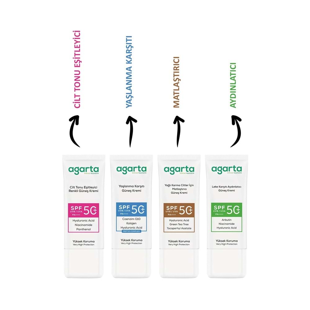 Agarta Yaşlanma Karşıtı Collagen Destekli Spf+50 Faktör Yüz Güneş Kremi 50 ML (3 Lü Set)