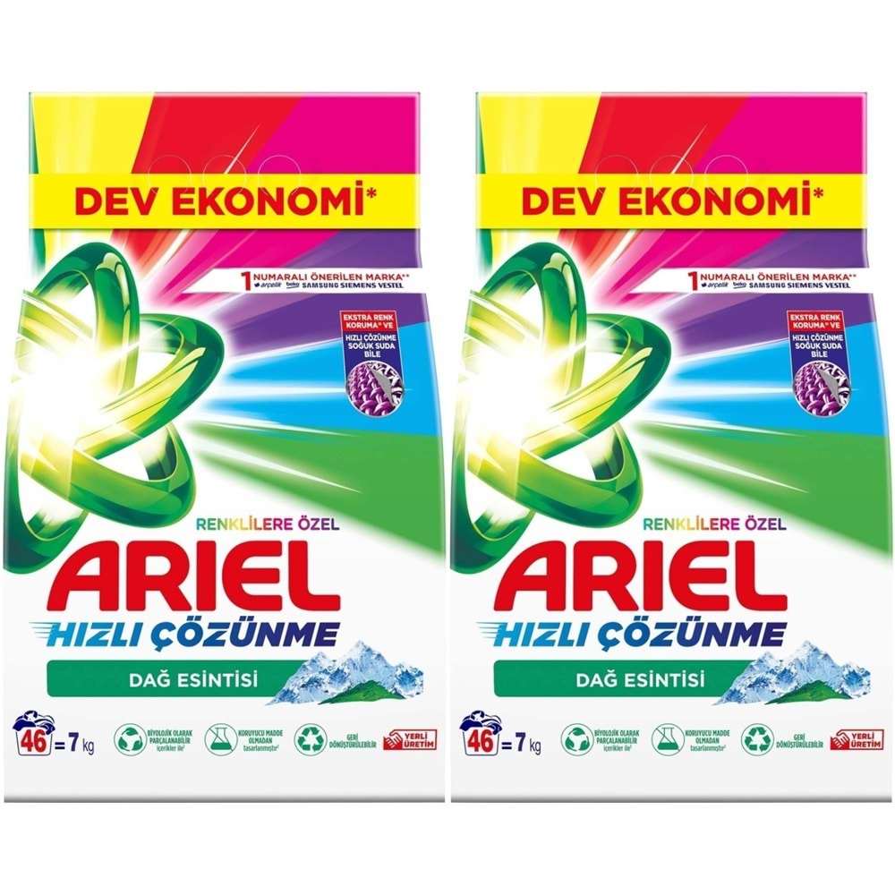 Ariel Matik Toz Çamaşır Deterjanı 14 KG Renklilere Özel/Dağ Esintisi (92 Yıkama) (2PK*7KG)