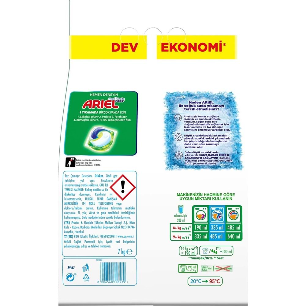 Ariel Matik Toz Çamaşır Deterjanı 21KG Beyazlar/Dağ Esintisi (3PK*7KG) (138 Yıkama)