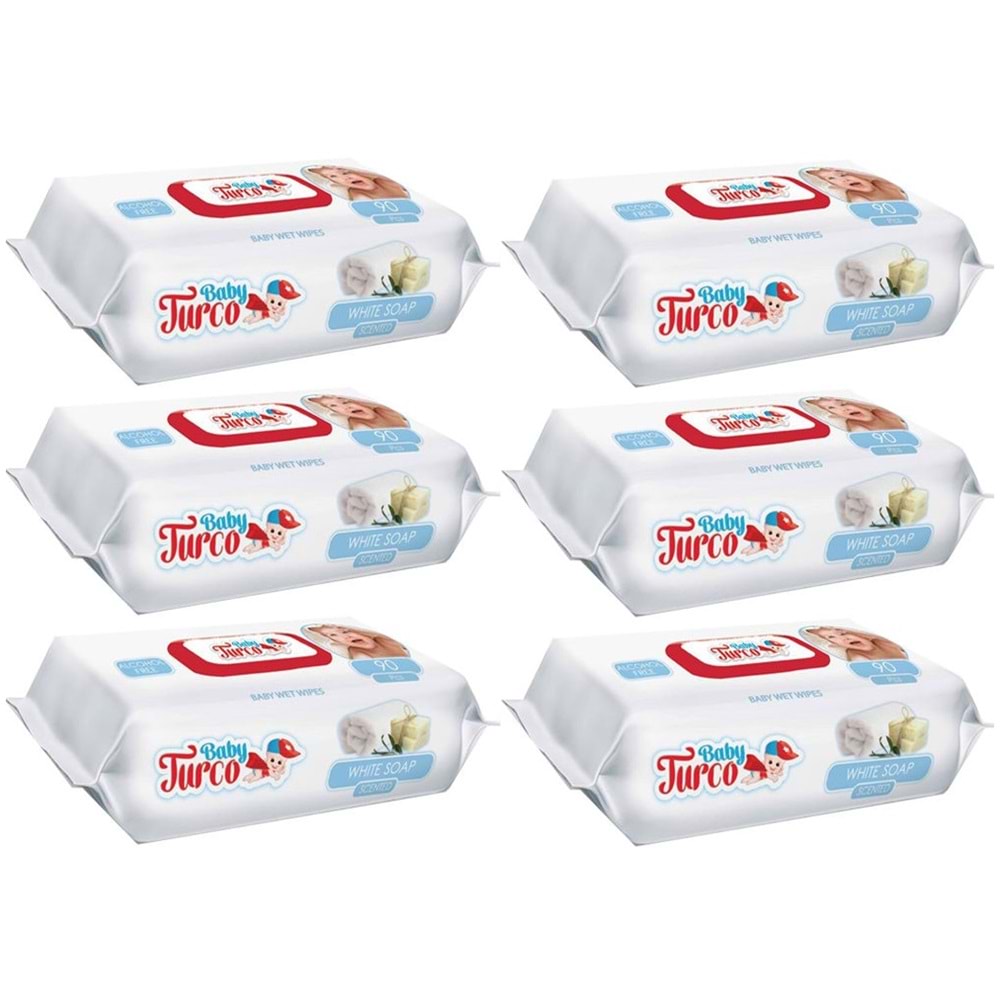 Baby Turco Islak Havlu Mendil 90 Yaprak 6 Lı Set Beyaz Sabun Kokulu Plastik Kapaklı