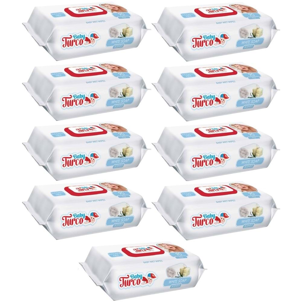 Baby Turco Islak Havlu Mendil 90 Yaprak 9 Lu Set Beyaz Sabun Kokulu Plastik Kapaklı
