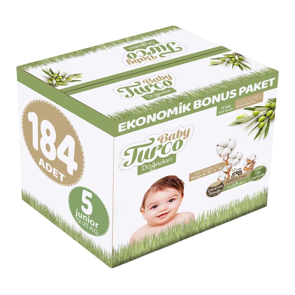 Baby Turco Bebek Bezi Doğadan 5 Beden 12-25 KG Junior 184 Adet Ekonomik Bonus Pk