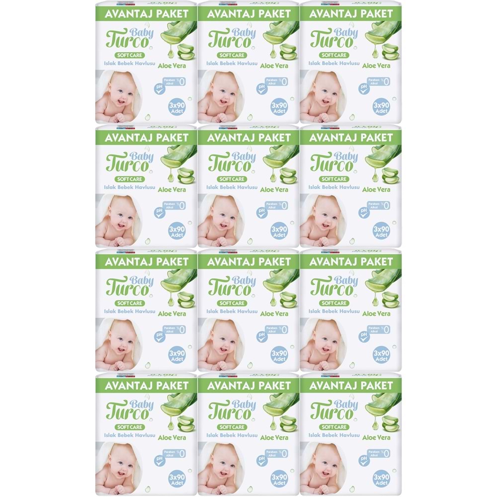 Baby Turco Islak Havlu Mendil Soft Care Aloe Vera 90 Yaprak (36 Lı Set) (12PK*3) 3240 Yaprak