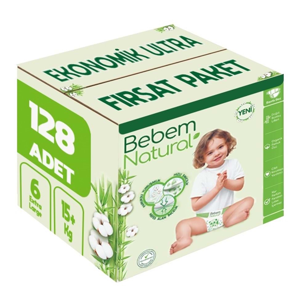 Bebem Bebek Bezi Natural Beden:6 (15+Kg) Extra Large 128 Adet Ekonomik Ultra Fırsat Pk