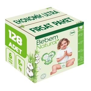 Bebem Bebek Bezi Natural Beden:6 (15+Kg) Extra Large 128 Adet Ekonomik Ultra Fırsat Pk