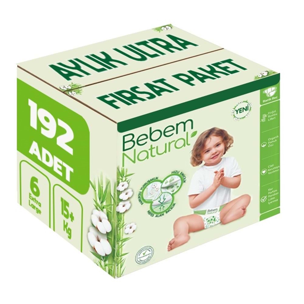 Bebem Bebek Bezi Natural Beden:6 (15+Kg) Extra Large 192 Adet Aylık Ultra Fırsat Pk