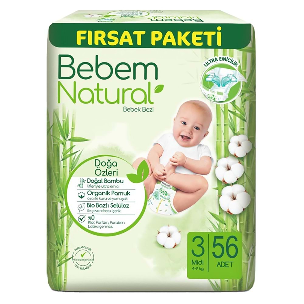 Bebem Bebek Bezi Natural 3 Beden 4-9 KG Midi 168 Adet Aylık Fırsat Pk