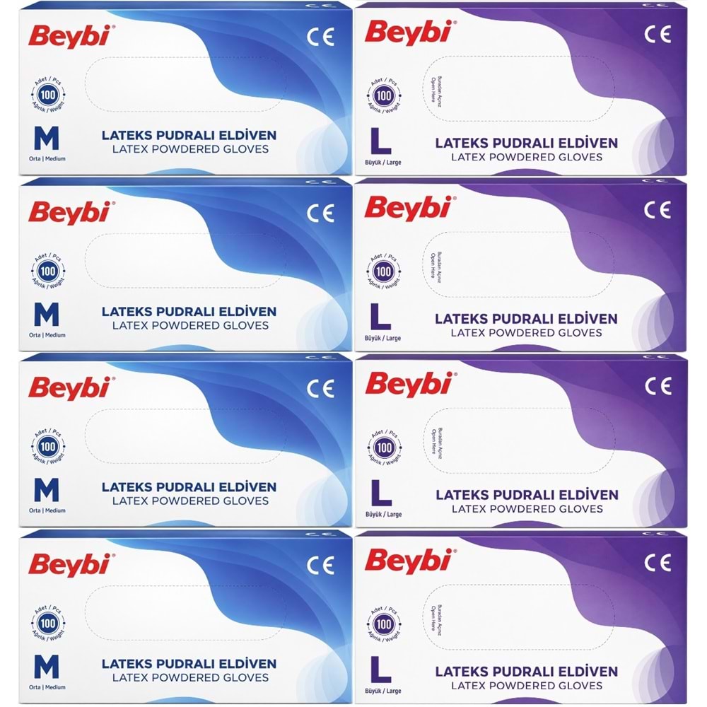 Beybi Lateks Pudralı Muayene Eldiveni M - Medium - Orta / L - Large - Büyük Karma 800 Lü Set