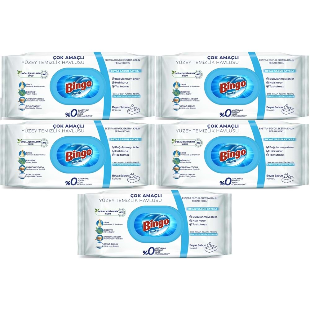 Bingo Clean Yüzey Temizlik Havlusu 96 Yaprak Beyaz Sabun Plastik Kapaklı (5 Li Set) 480 Yaprak
