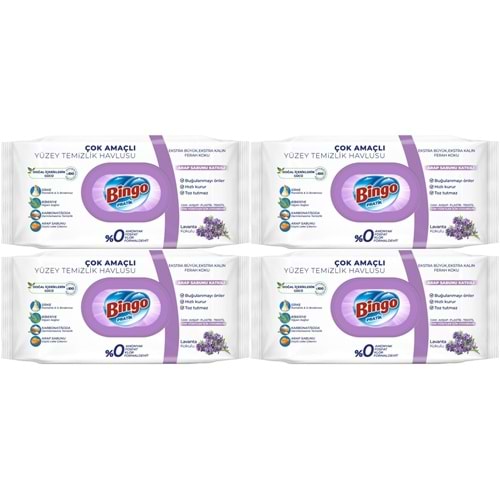 Bingo Clean Yüzey Temizlik Havlusu 96 Yaprak Lavanta Kokulu Plastik Kapaklı (4 Lü Set) 384 Yaprak