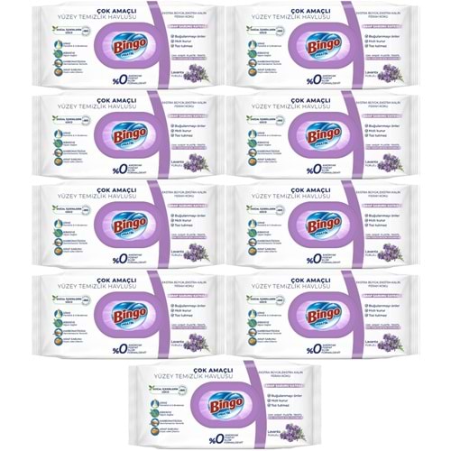 Bingo Clean Yüzey Temizlik Havlusu 96 Yaprak Lavanta Kokulu Plastik Kapaklı (9 Lu Set) 864 Yaprak