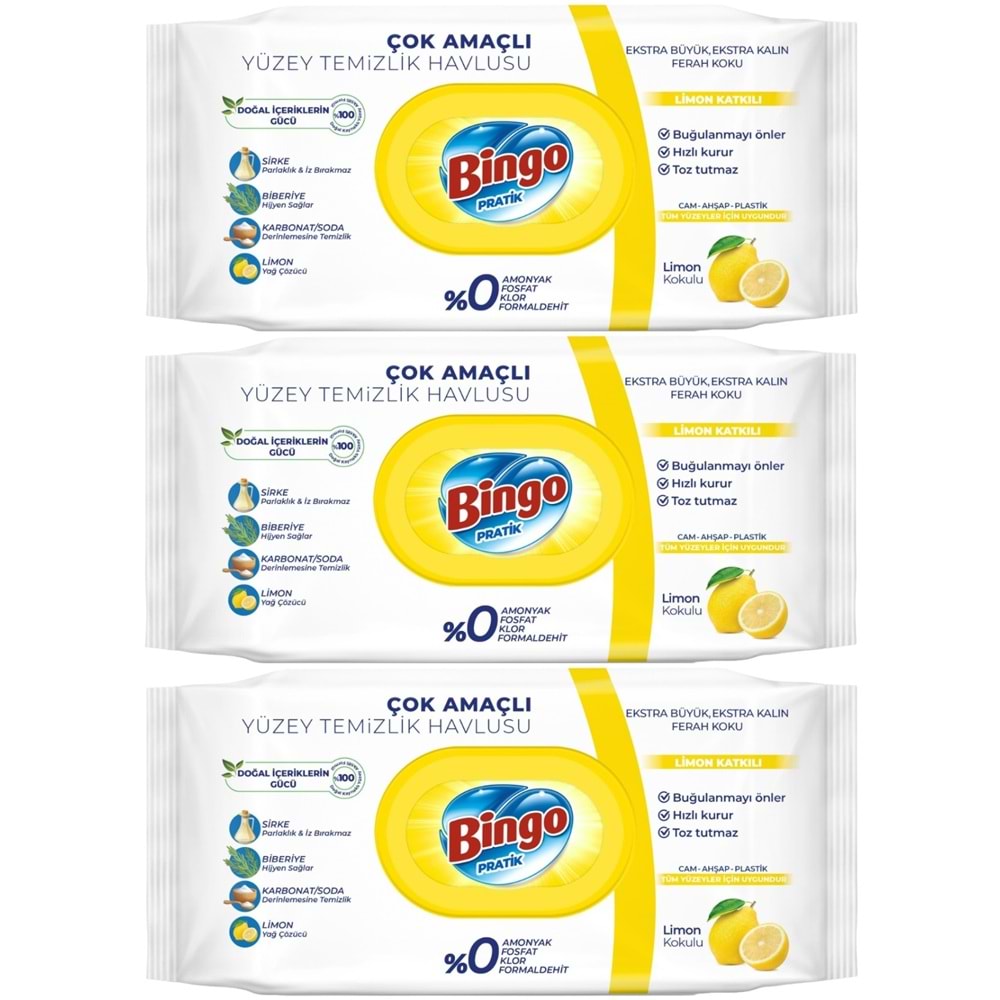 Bingo Clean Yüzey Temizlik Havlusu 96 Yaprak Limon Kokulu Plastik Kapaklı (3 Lü Set) 288 Yaprak