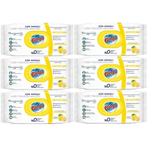 Bingo Clean Yüzey Temizlik Havlusu 96 Yaprak Limon Kokulu Plastik Kapaklı (6 Lı Set) 576 Yaprak