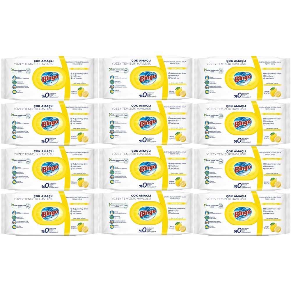 Bingo Clean Yüzey Temizlik Havlusu 96 Yaprak Limon Kokulu Plastik Kapaklı (12 Li Set) 1152 Yaprak