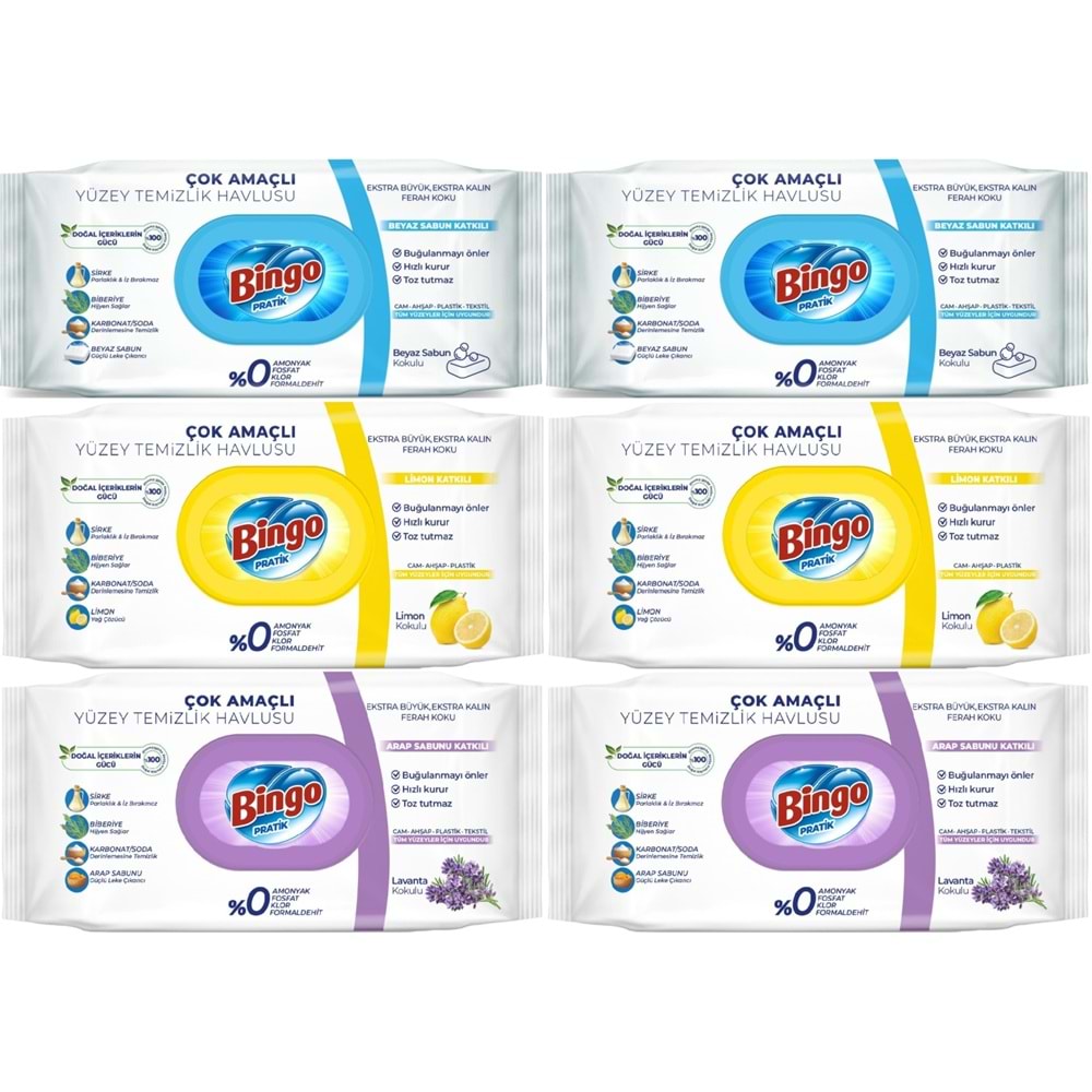 Bingo Clean Yüzey Temizlik Havlusu (Karma 6 Lı Set) (Beyaz Sabun/Limon Kokulu/Lavanta Kokulu)