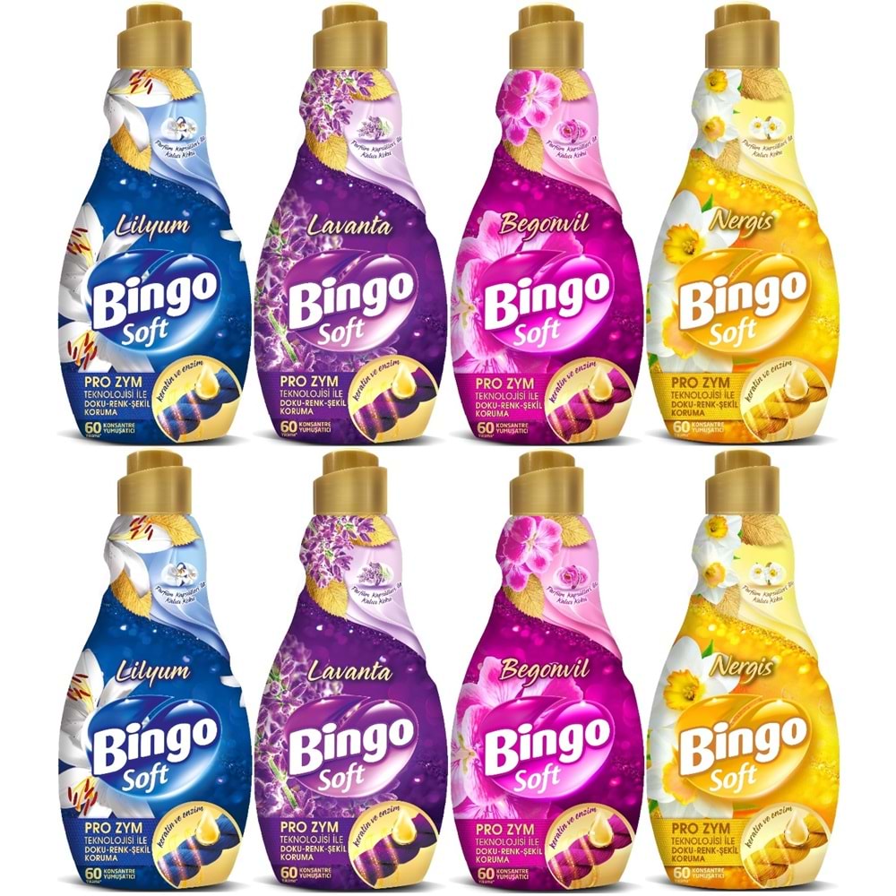 Bingo Soft Çamaşır Yumuşatıcı Konsantre 1440ML Karma 8 Li Set (Lilyum-Lavanta-Begonvil-Nergis)