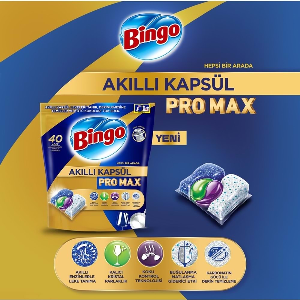 Bingo Akıllı Kapsül Pro Max Bulaşık Makinesi Deterjanı Tableti 120 Adet Limon Kokulu (3PK*40)