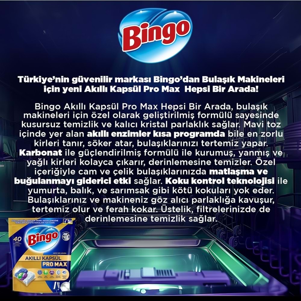 Bingo Akıllı Kapsül Pro Max Bulaşık Makinesi Deterjanı Tableti 160 Adet Limon Kokulu (4PK*40)