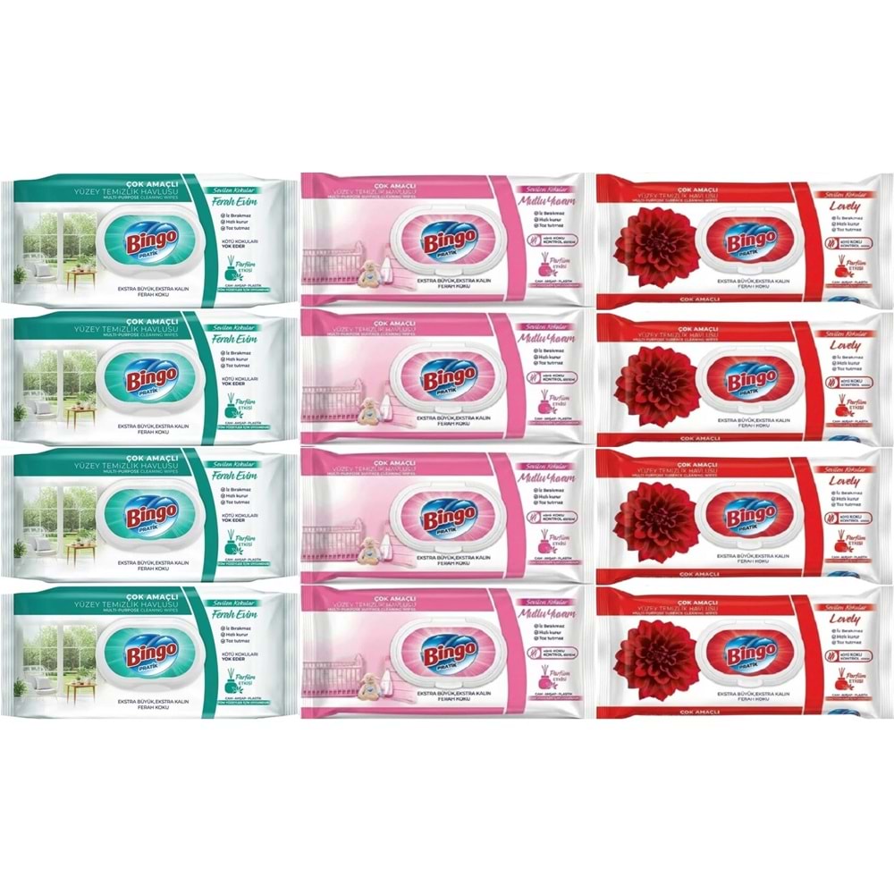 Bingo Clean Yüzey Temizlik Havlusu (Karma 12 Li Set) (Ferah Evim - Lovely - Mutlu Yuvam) 1152 Yaprak
