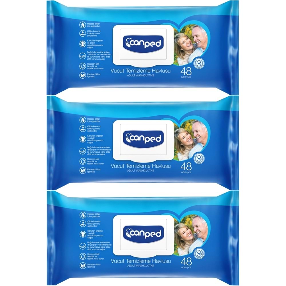 Canped Yetişkin Vücut Perine Temizleme Islak Mendil Havlu 48 Yaprak XL (3 Lü Set) Plastik Kapaklı