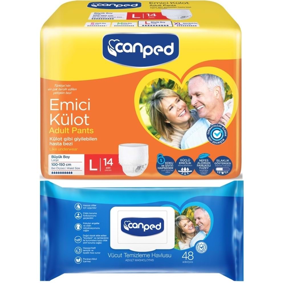 Canped Emici Külot Pants Hasta Yetişkin Bezi L - Büyük - Large 14 Adet - Temizleme Havlusu (2Li Set)