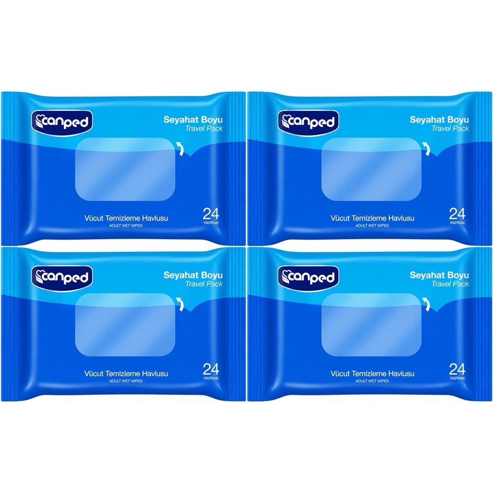 Canped Yetişkin Vücut Temizleme Islak Mendil Havlu 24 Yaprak Seyahat Boy 4 Lü Set (96 Yaprak)