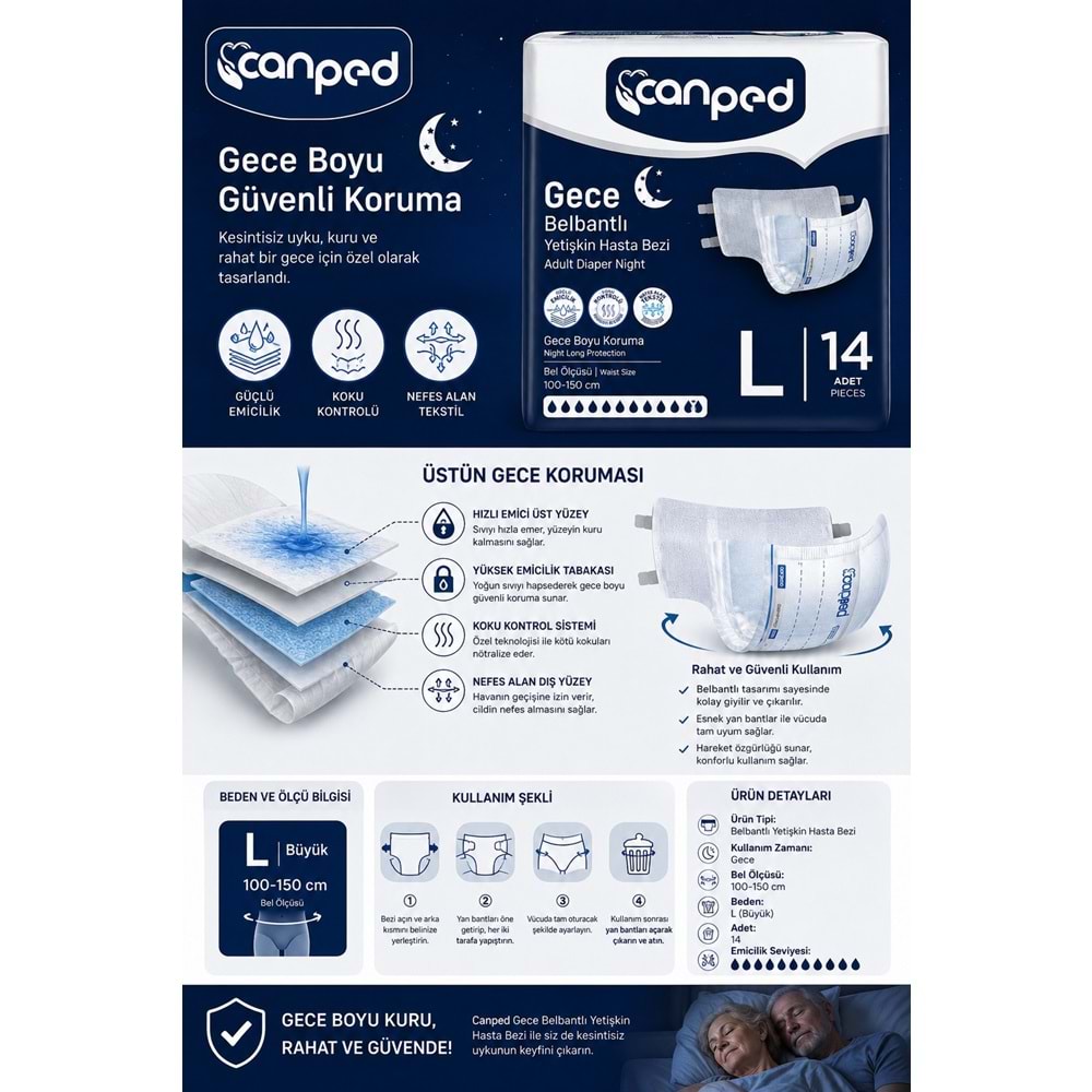 Canped Yetişkin Bezi Bel Bantlı Gece Night L - Büyük - Large 70 Adet