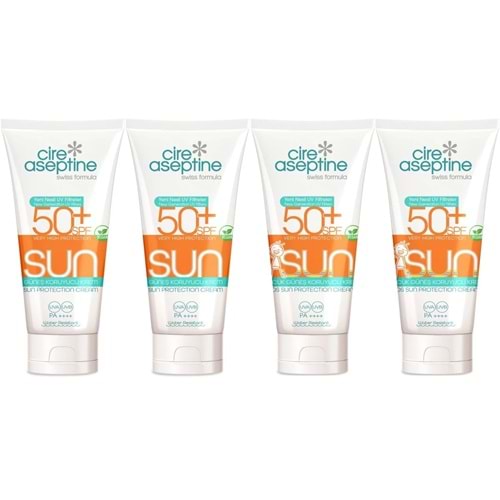 Cire Aseptine Sun Güneş Kremi 50+ SPF 150 ML + Güneş Kremi Çocuk 50+ SPF 150 ML Karma (4 Lü Set)
