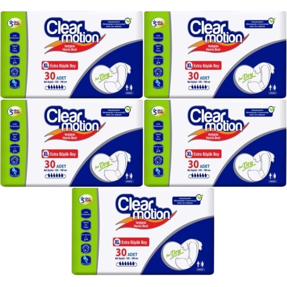 Clearmotion Yetişkin Hasta Bezi Bel Bantlı XL - Ekstra Büyük - Extra Large 150 Adet (5PK*30)