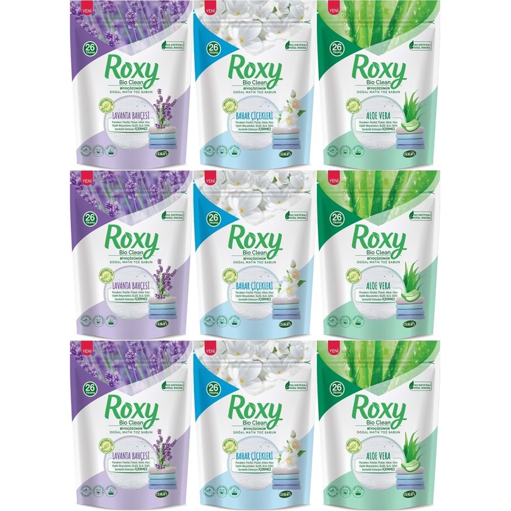 Dalan Roxy Bio Clean Matik Sabun Tozu 800GR Karma 9 Lu Set (Lavanta/Bahar/Aloe Vera) (234 Yıkama)