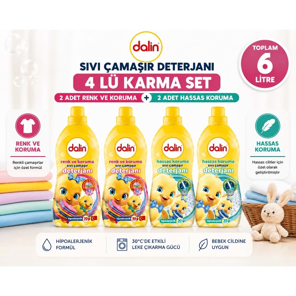Dalin Sıvı Çamaşır Deterjanı 1500 ML 4 Lü Karma Set – Renk ve Koruma + Hassas Koruma Toplam 6 Litre