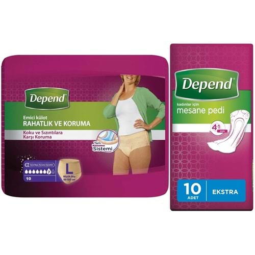 Depend Emici Külot Lohusa Pedi L - Large - Büyük Kadın (10 Lu)+Mesane Pedi Kadın Ekstra (10 Lu)