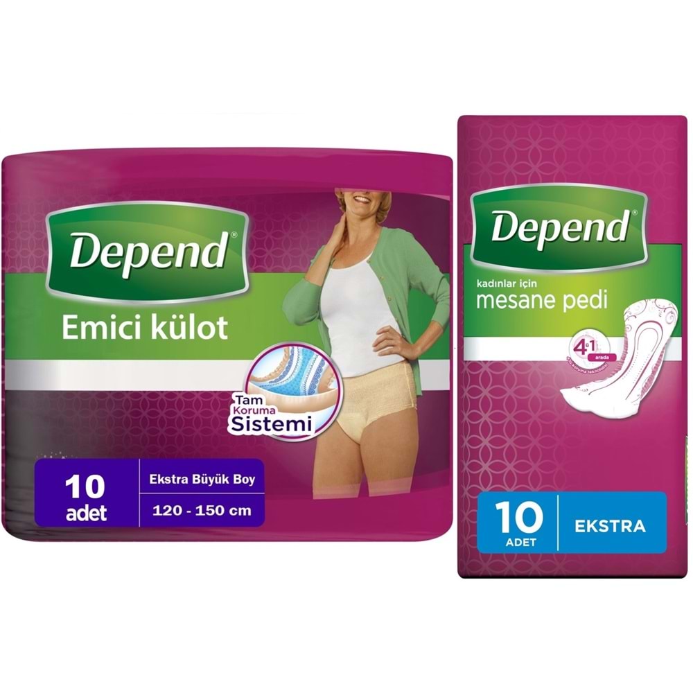 Depend Emici Külot Lohusa Pedi XL - Extra Büyük - Kadın (10 Adet)+Mesane Pedi Kadın Ekstra (10 Lu)