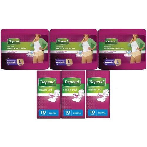 Depend Emici Külot Lohusa Pedi Large - Büyük Kadın (10 Lu)+Mesane Pedi Kadın Ekstra (10 Lu) 6 Lı Set