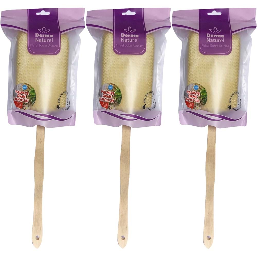 Derma Naturel Palmiye Örme Sopalı Banyo Sırt Lifi (8*24CM) MS-09 (3 Lü Set)