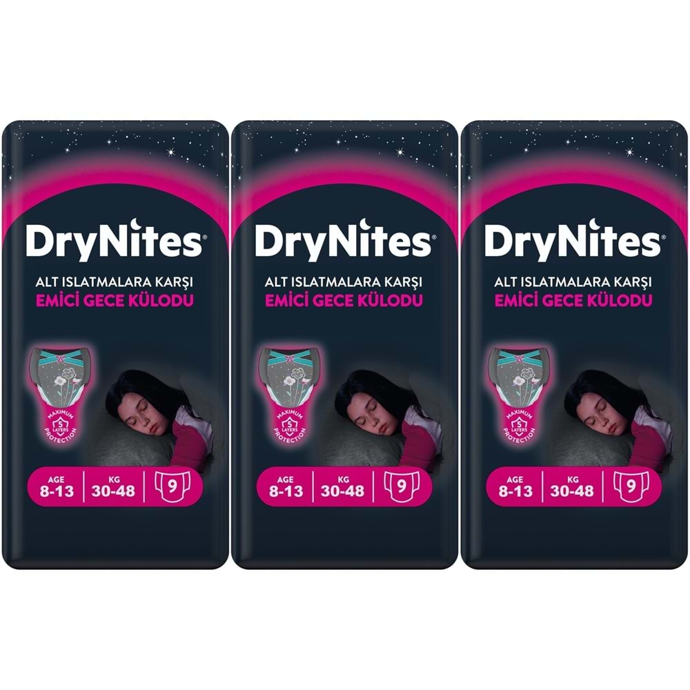 Drynites Emici Gece Külodu/Külot Bez Kız 8-13 Yaş 30-48KG Large 27 Adet 3PK*9 Alt Islatmalara Karşı