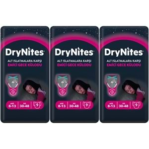Drynites Emici Gece Külodu/Külot Bez Kız 8-13 Yaş 30-48KG Large 27 Adet 3PK*9 Alt Islatmalara Karşı