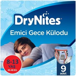 Drynites Emici Gece Külodu/Külot Bez Erkek 8-13 Yaş 30-48KG Large 81 Adet 9PK*9 AltIslatmalara Karşı
