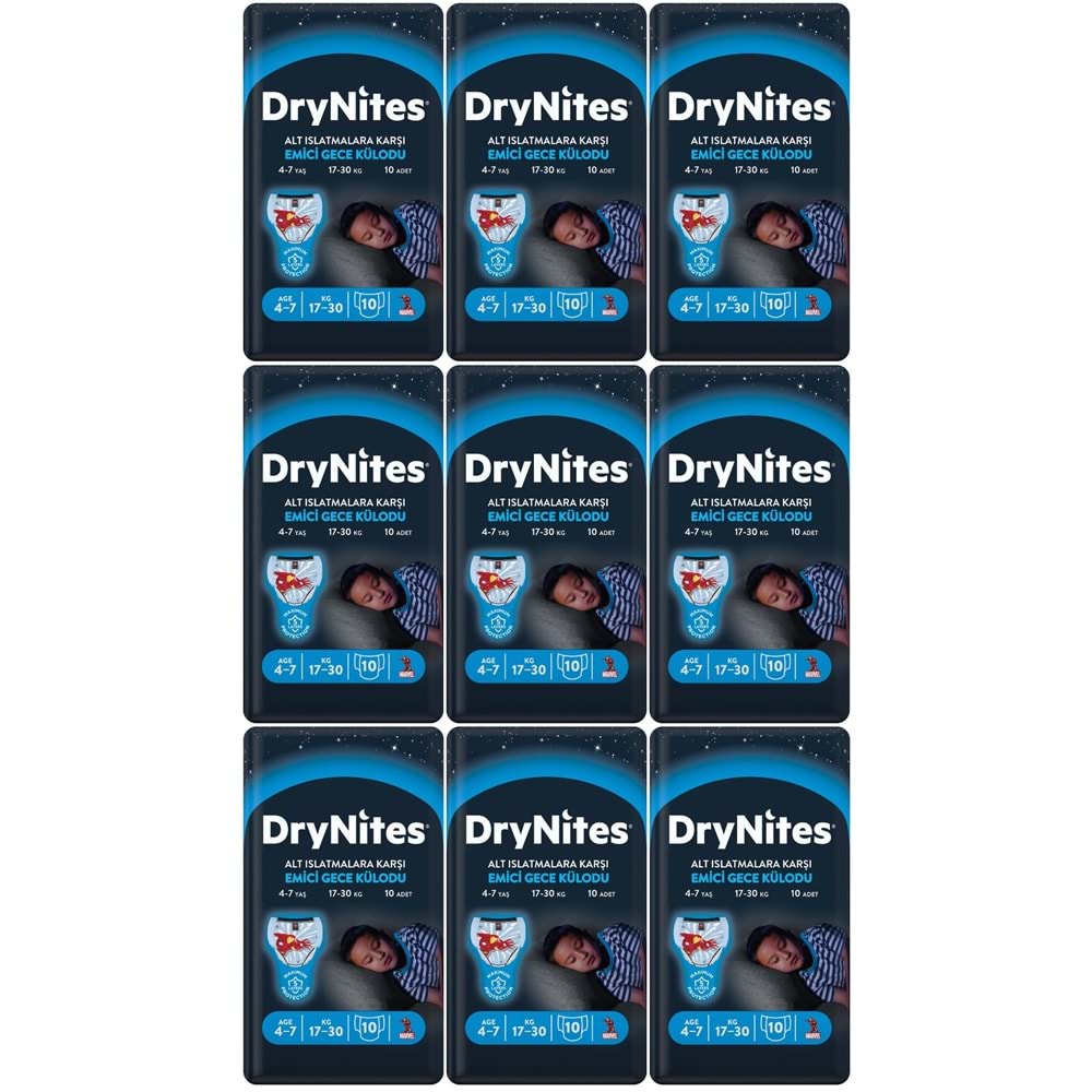 Drynites Emici Gece Külodu/Külot Bez Erkek 4-7 Yaş 17-30KG Small 90Adet 9PK*10 Alt Islatmalara Karşı